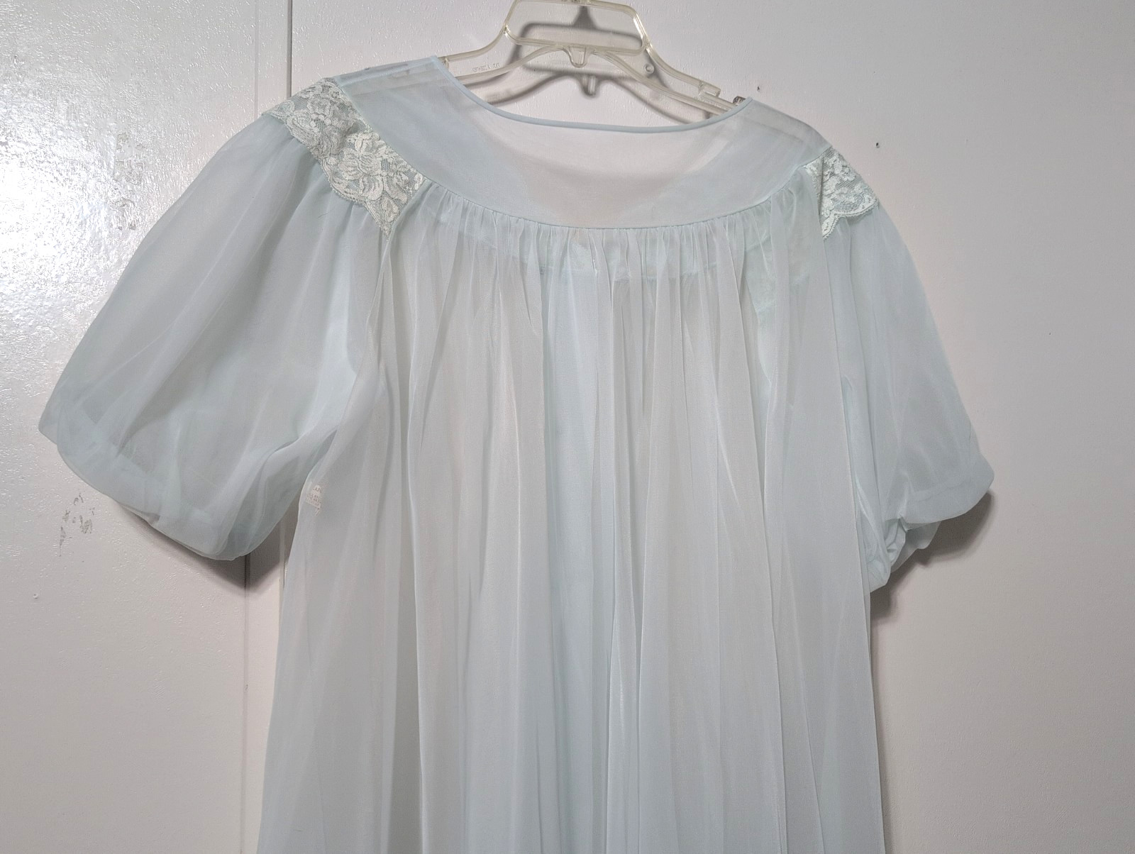 Vtg Shadowline Light Blue Nylon Lace Chiffon Robe Sheer Sz Large