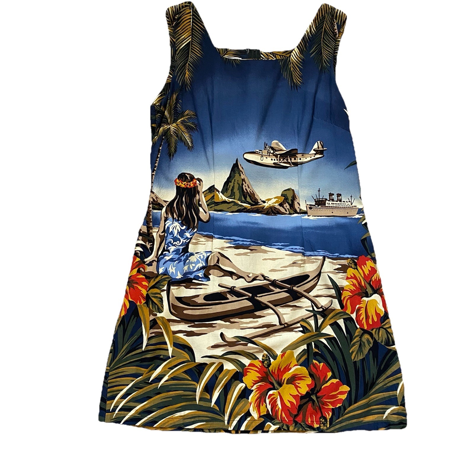 Vtg Kalaheo Hawaiian Dress Size L (12) Sleeveless Made In Hawaii All Over Print