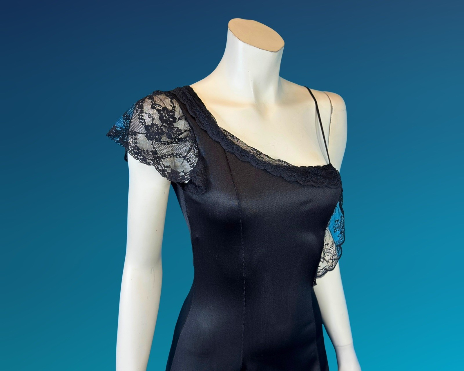 90s Dark Romantic Asymmetrical Black Negligee Slip Dress Nightgown | XS