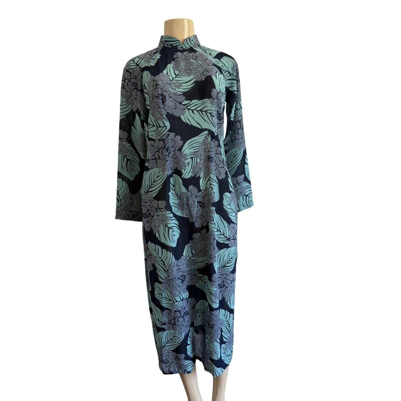 VTG 70s Nha May Thanh Chau Ao Dai Vietnamese Maxi Tunic Dress Teal Floral Palm
