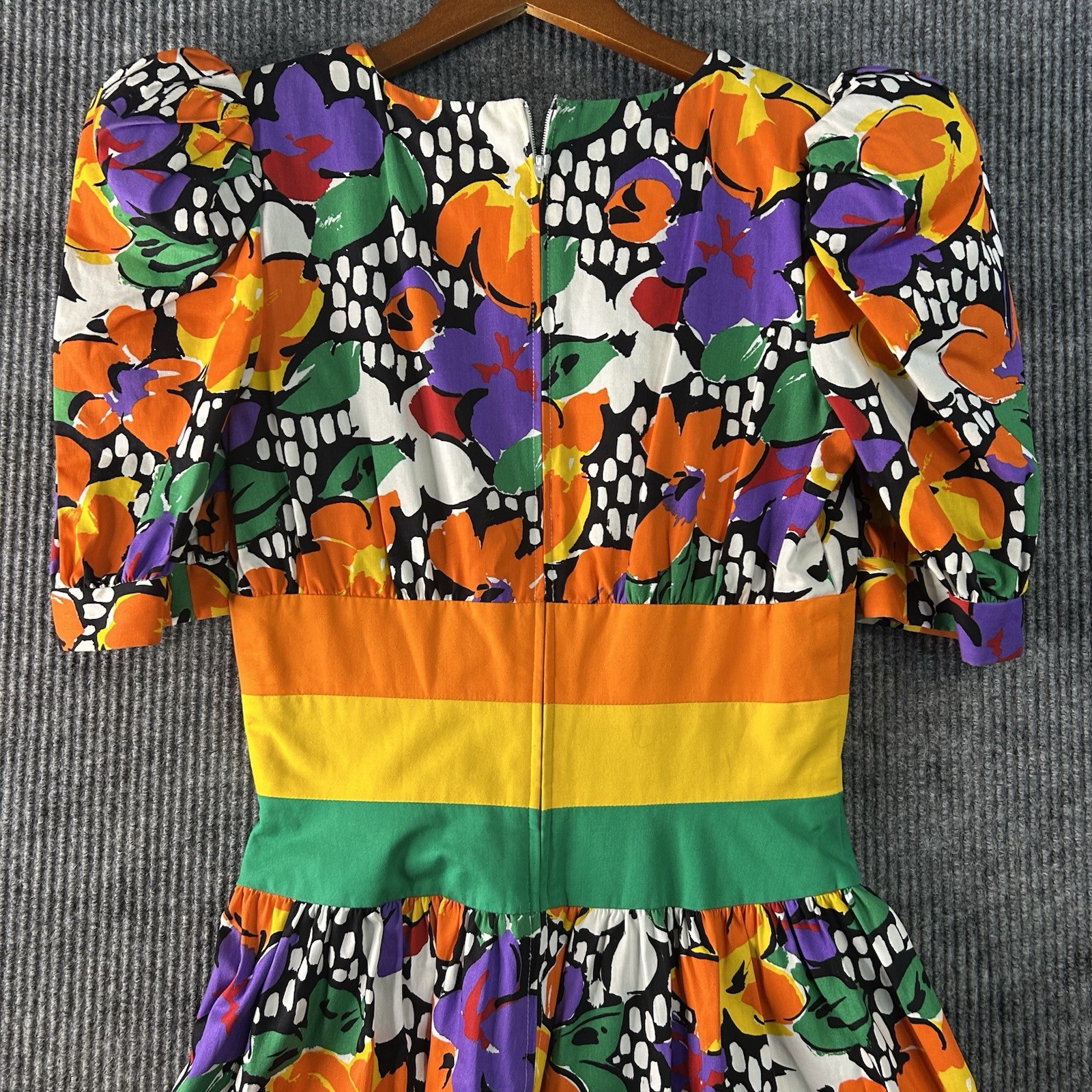 Vintage Leslie Lucks Maxi Dress Size 8 Floral Puff Shoulder Made In USA