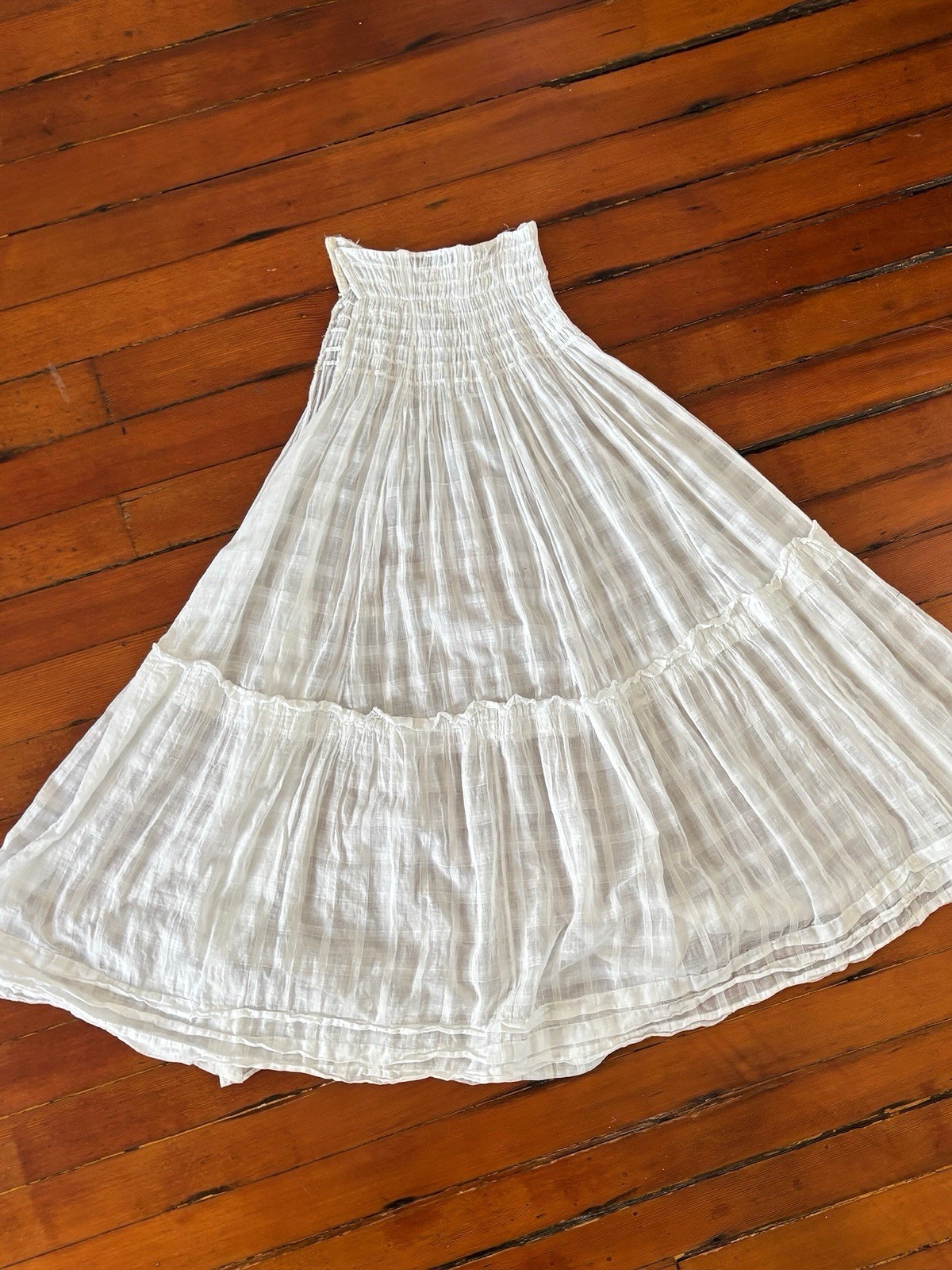 Antique Edwardian Sheer Windowpane Cotton Voile Skirt w Boned/Corseted Waist