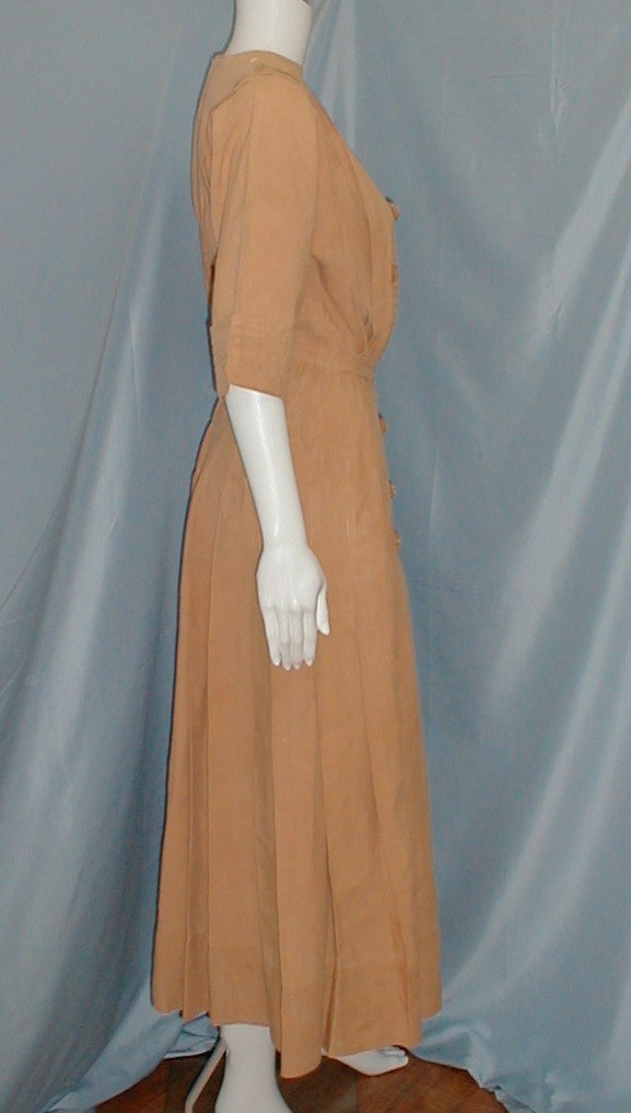 Fetching Antique Dress Edwardian 1912 Tan Linen Embroidered Front