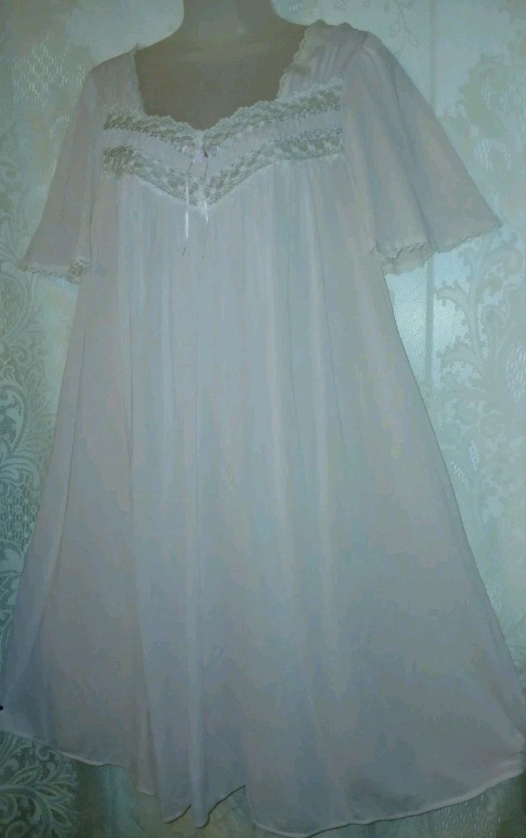 Vintage Miss Elaine Pink Soft Sheer Nylon Floral Lace Babydoll Nightgown M EUC