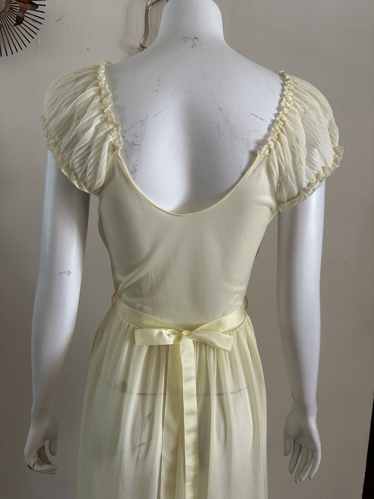 1970s Edwards Yellow Lace Nylon Gown Pleated Prairie Romantic Maxi Dress VTG