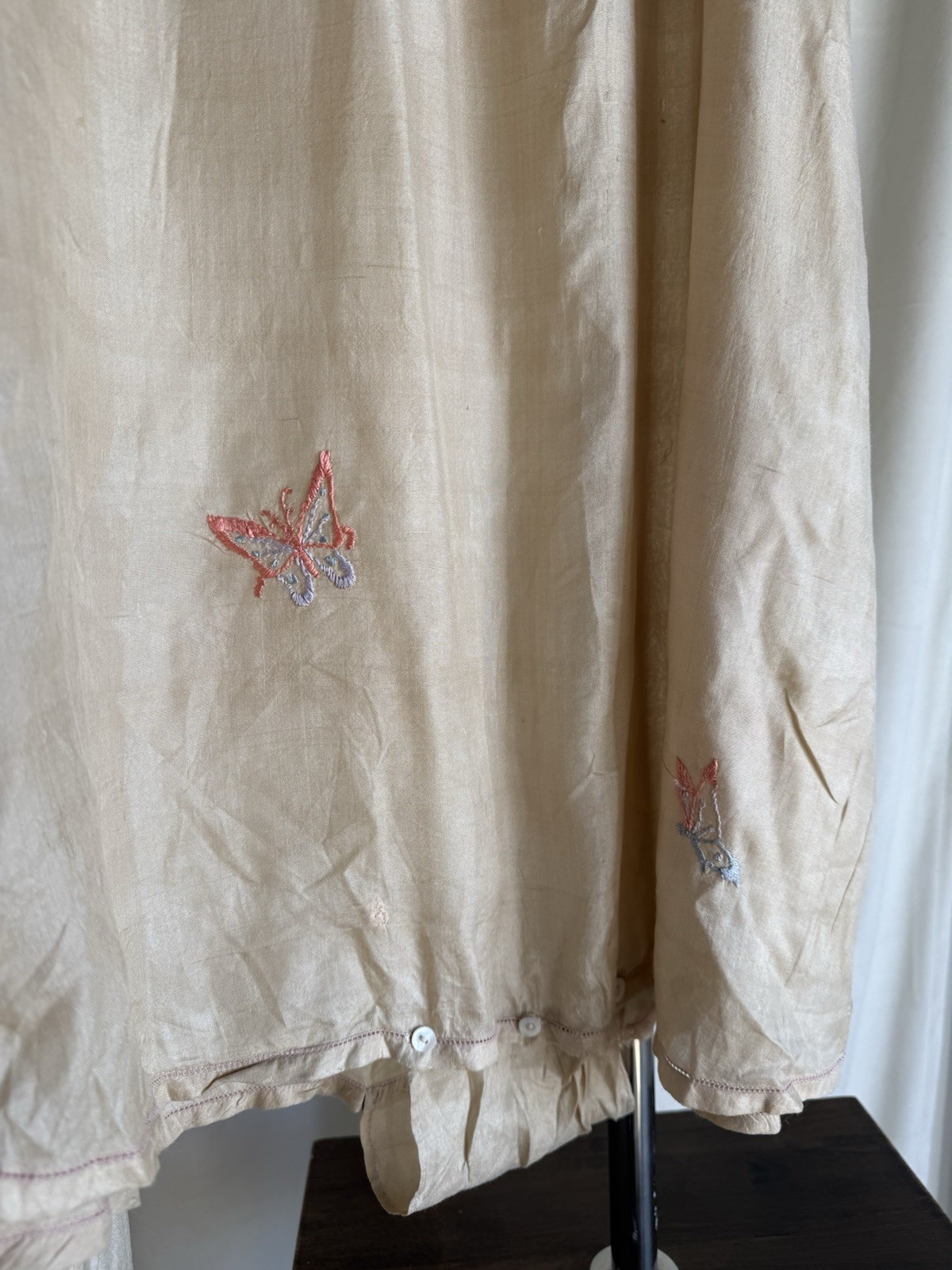 Antique 1920’s Pongee Slip Step-in Butterfly Embroidery Chemise Écru Silk Set