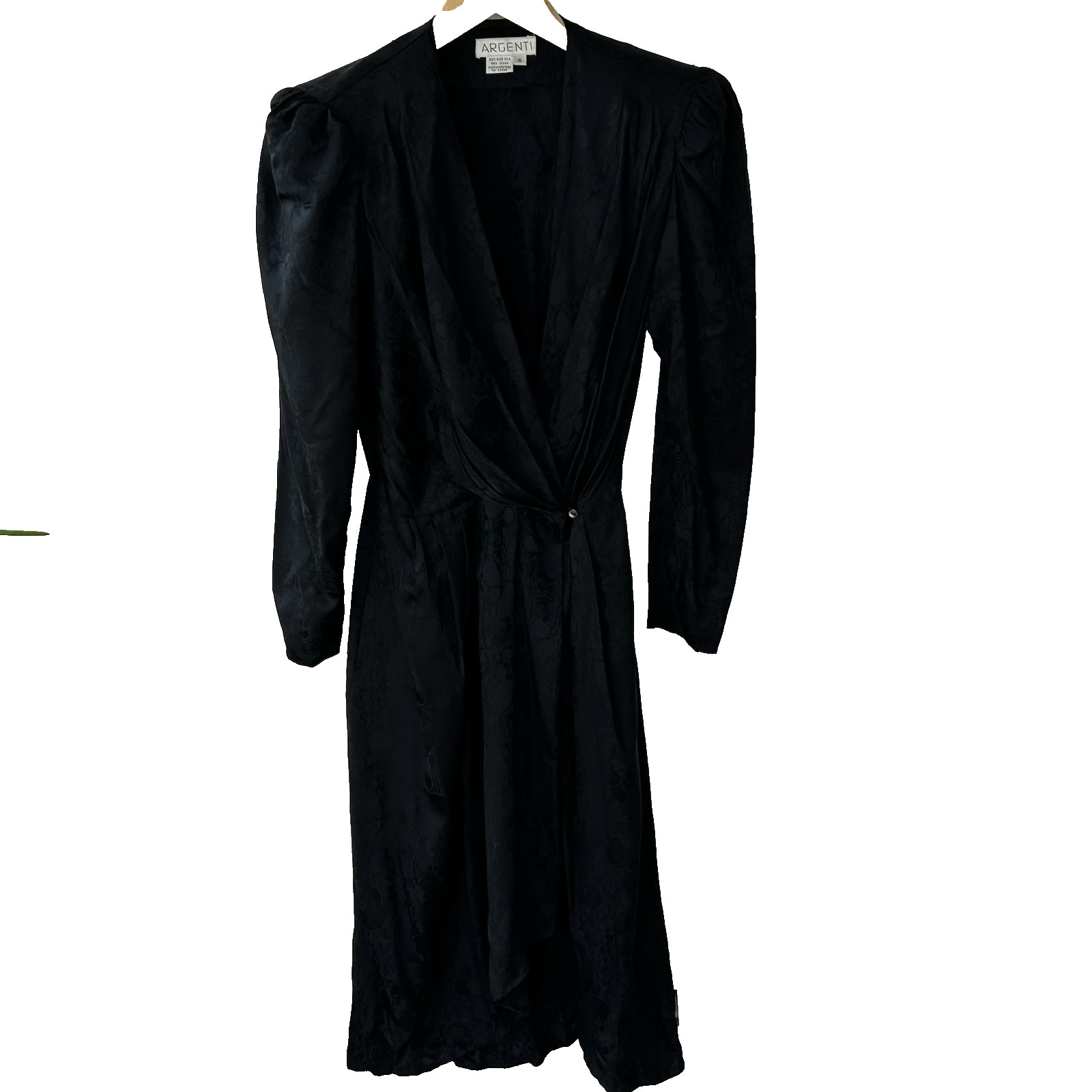 Vintage Argenti Dreaped Silk Wrap Dress Size 6 Floral Black Midi Shoulder Pads