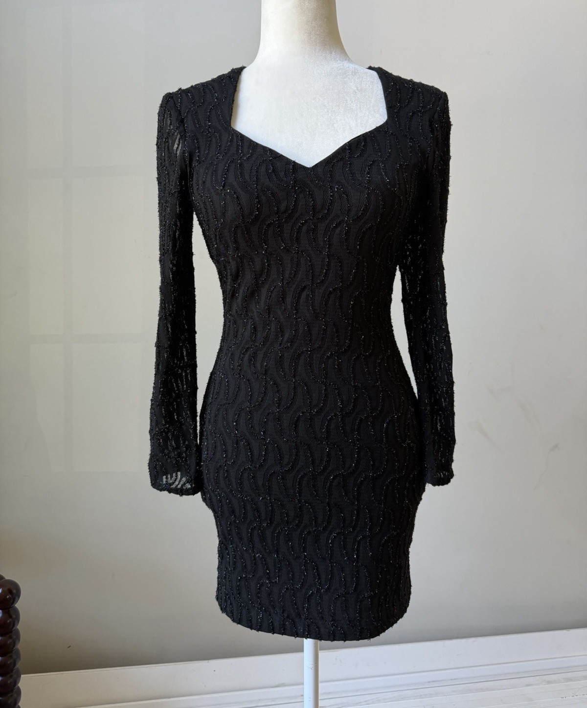 Vtg 80s 90s Zum Zum Niki Livas Black Glitter Wavy Bodycon Mini Cocktail Dress