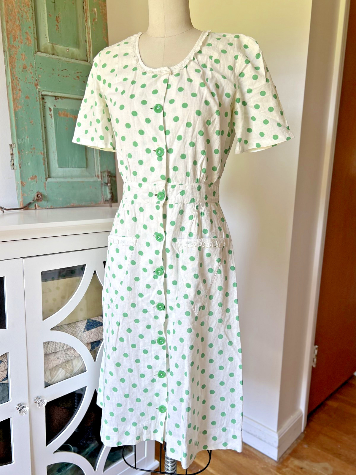 Vintage 1940s Green White Polka Dot Dress Cotton Day Dress Button Front MED
