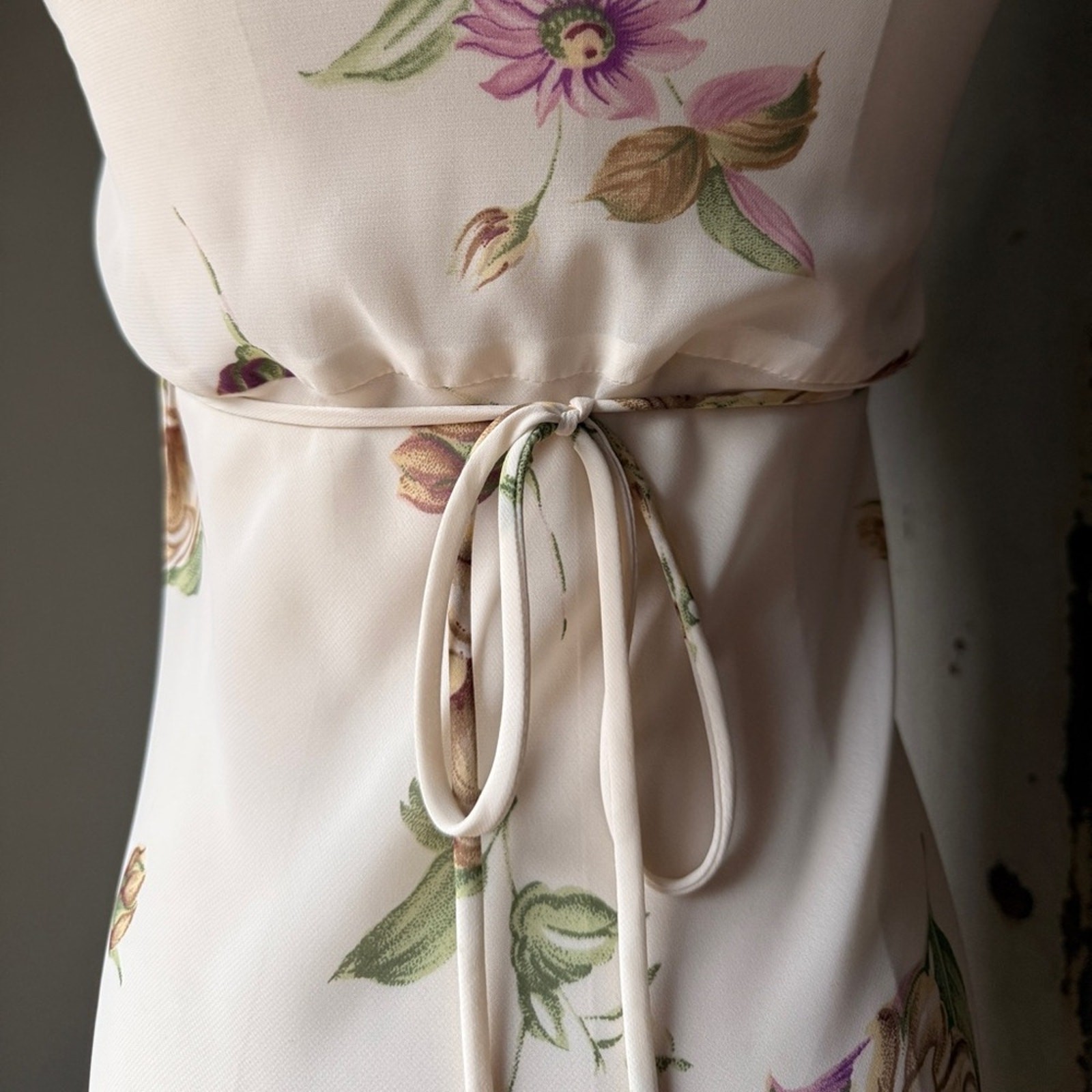 Vintage 90s Floral Slip Maxi Dress | Bias Cut Cream Rose Print Cottagecore | XS
