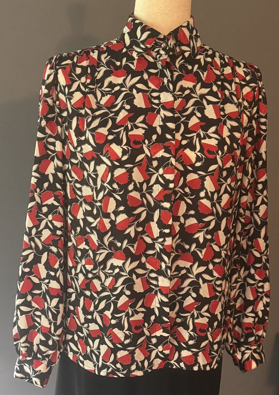 Lloyd Williams Vintage Blouse Black Red White Satin Polyester Size 4