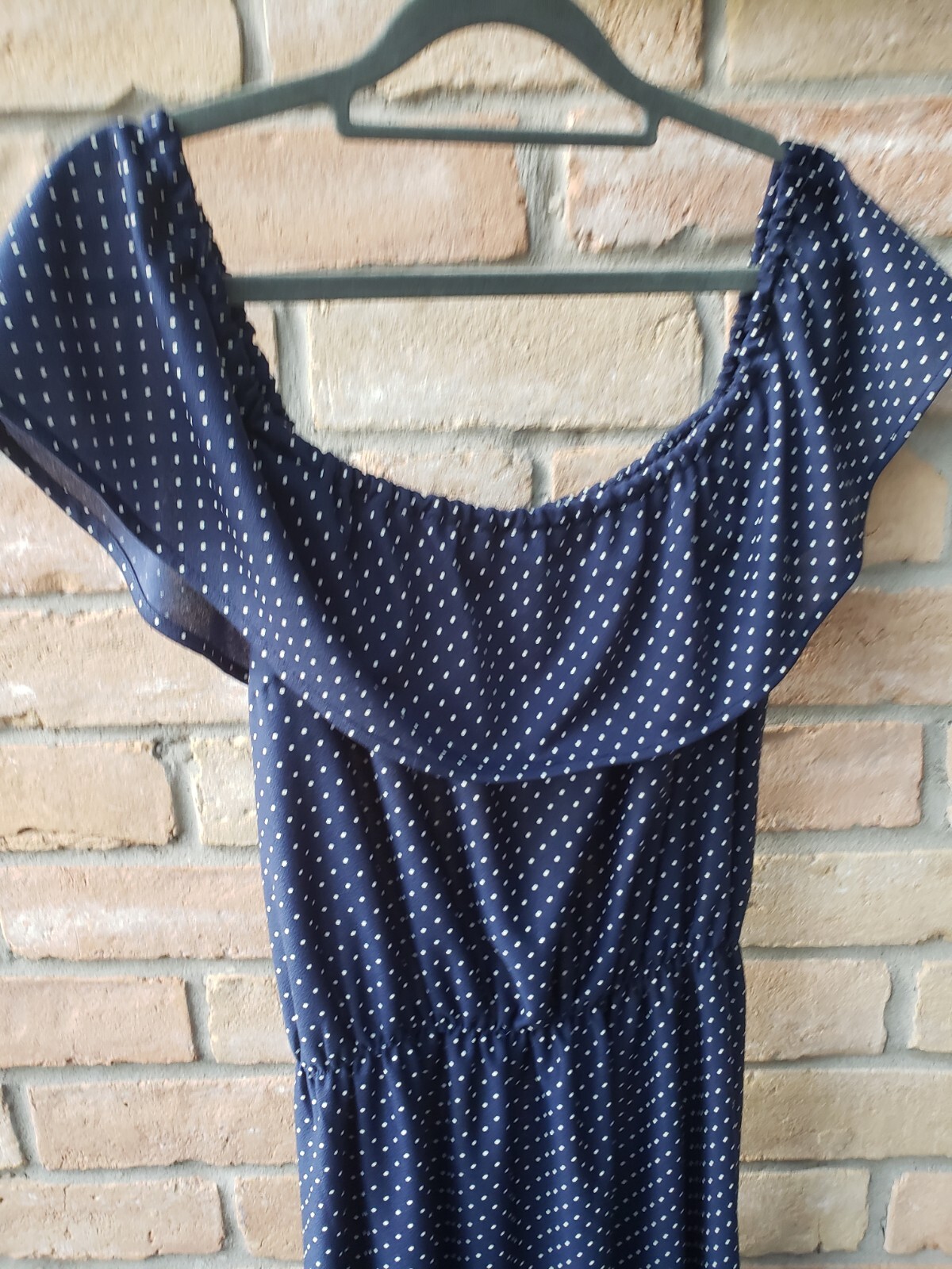 VTG 70s Blue Polka Dot Off Shoulder Ruffle Sundress Sz M? 40&Prime;-46&Prime;B 24&Prime;-44&Prime;W
