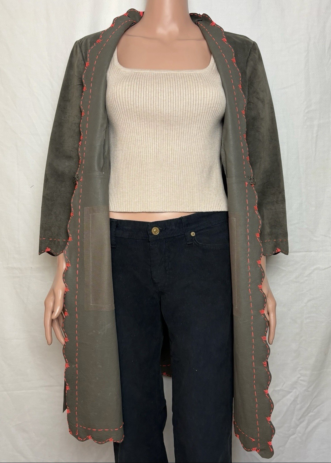 Rozae Nichols Suede Jacket w Belt Scalloped Hem Unique Boho Olive Green NWT