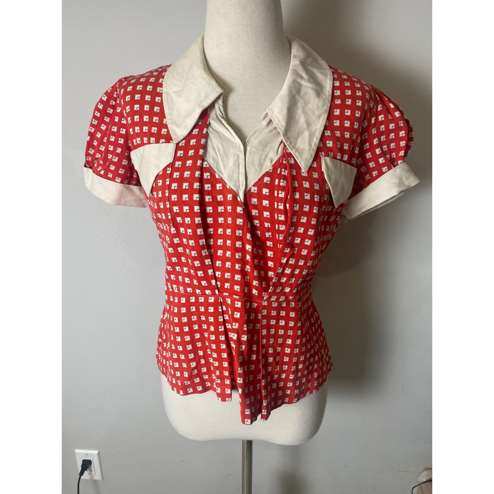 Vintage 1940s Red Geometric Print Blouse Puff Shoulder Top Retro M/L