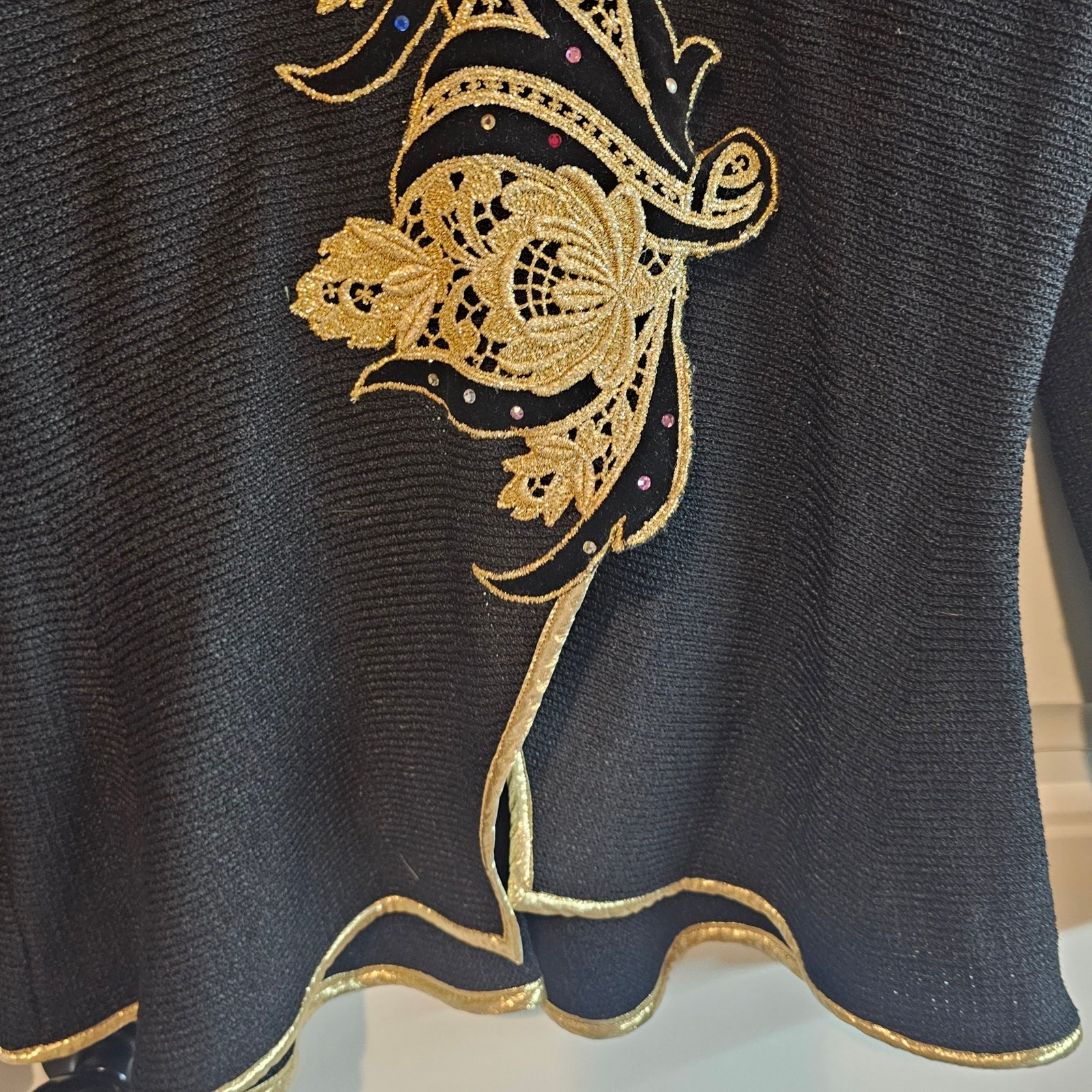 Vintage Floral Sweater Womens Med Black Gold Glam Rock Knit Embellished Evening