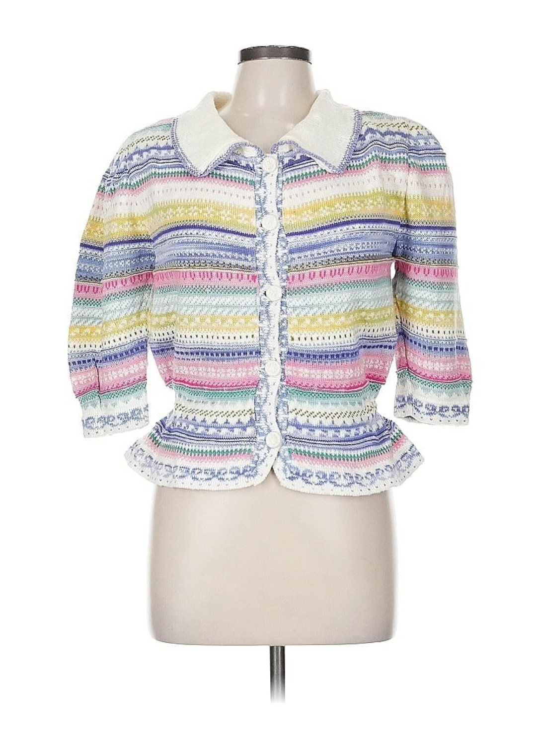 Cullinane Vtg 80s USA MADE Peplum Cardigan Fair Isle Women M PETITE 100% Cotton