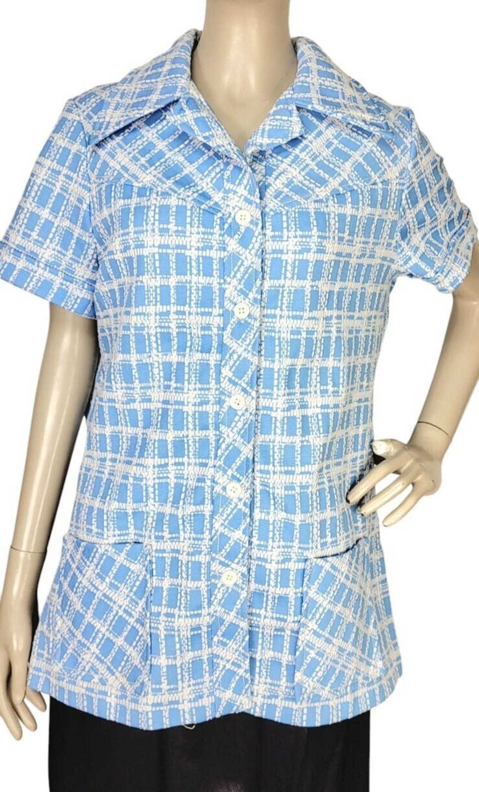 Vintage 60s MOD Blue White Plaid Button-Down Collared Smock Top Women&rsquo;s S/M/L
