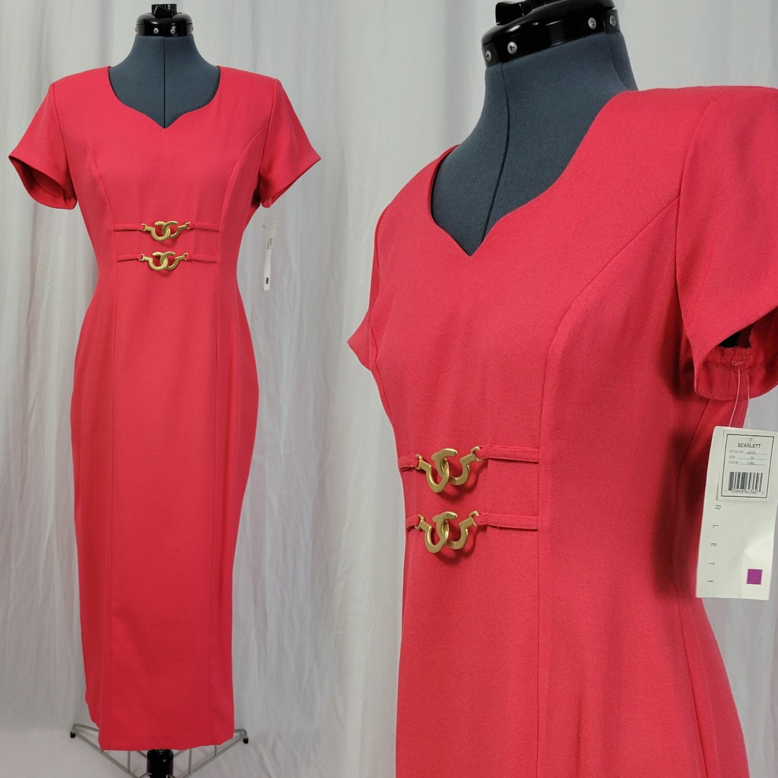 Vintage Scarlett Coral Sheath Dress with Decorative Gold Accents Size 7/8