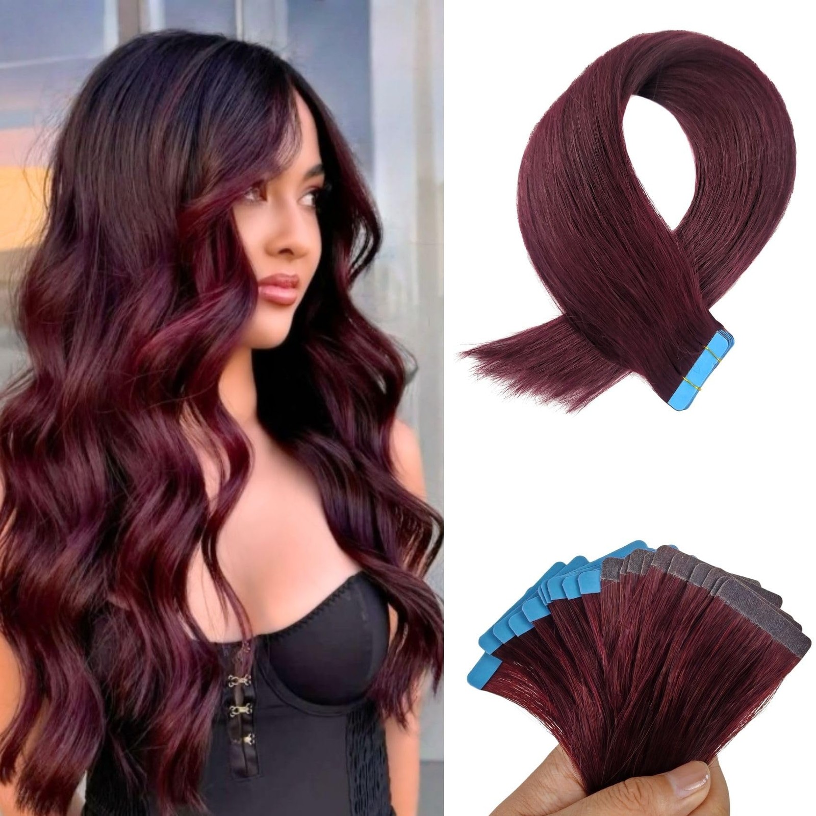 Burgundy 24 Inch Human Hair Extensions Tape-in Straight Remy Hair 20Pcs 50G Cosp