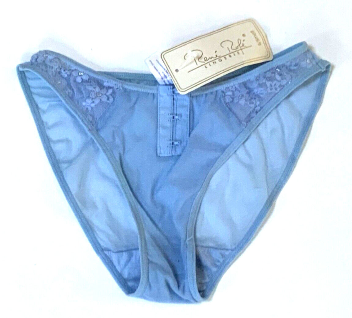 Rene Rofe Blue Panty Brief Floral Metallic Sheer Hook Eye Opening Size 5 Small