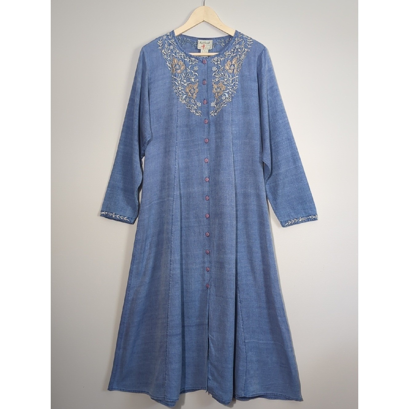 Vtg 90s April Cornell Chambray Blue Button Front Midi Dress Cottage Modest Boho