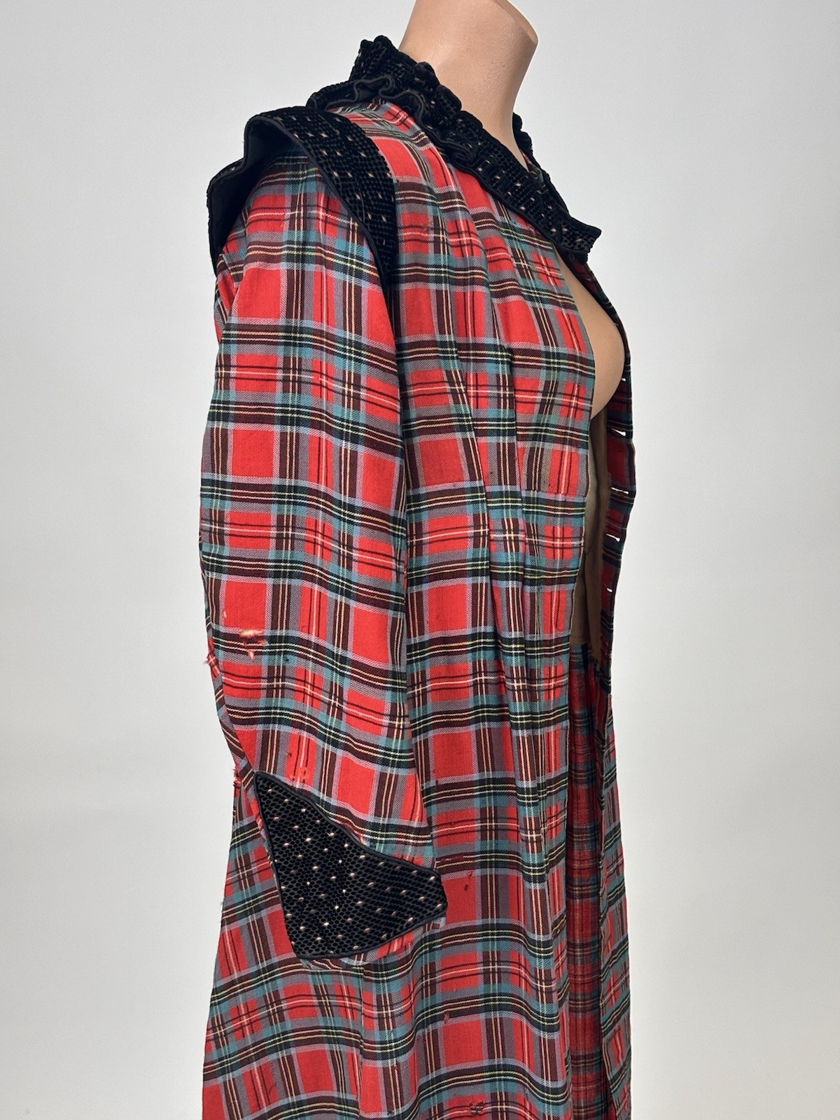Antique Victorian Walking Coat Plaid Red Green Black Yellow Burnout Velvet AS IS