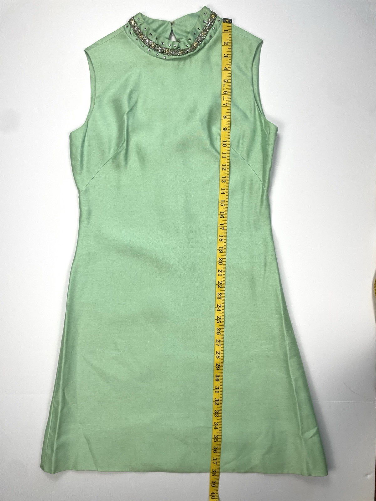 Vtg 60s Sakowitz Mint Green Dress Jacket Set Beaded Rhinestone Collar Suit Sz 12