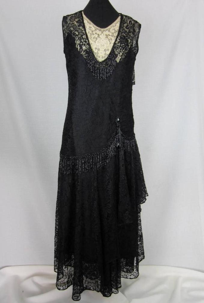 Flapper Dress, Gown Exquisite Beaded Black Lace True VTG 1920s – 30s Paris