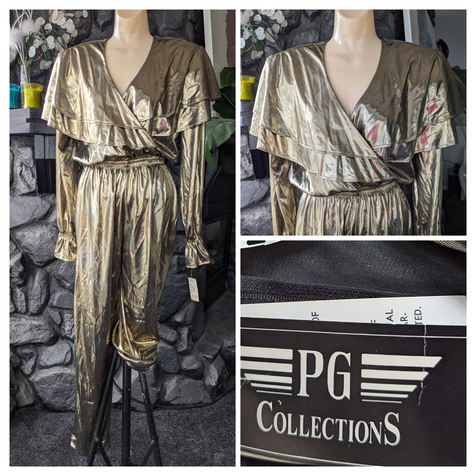 Vtg 80s Gold Lame Jumpsuit PG Collections Ginger Bort Disco Glam NWT Sz 10 READ