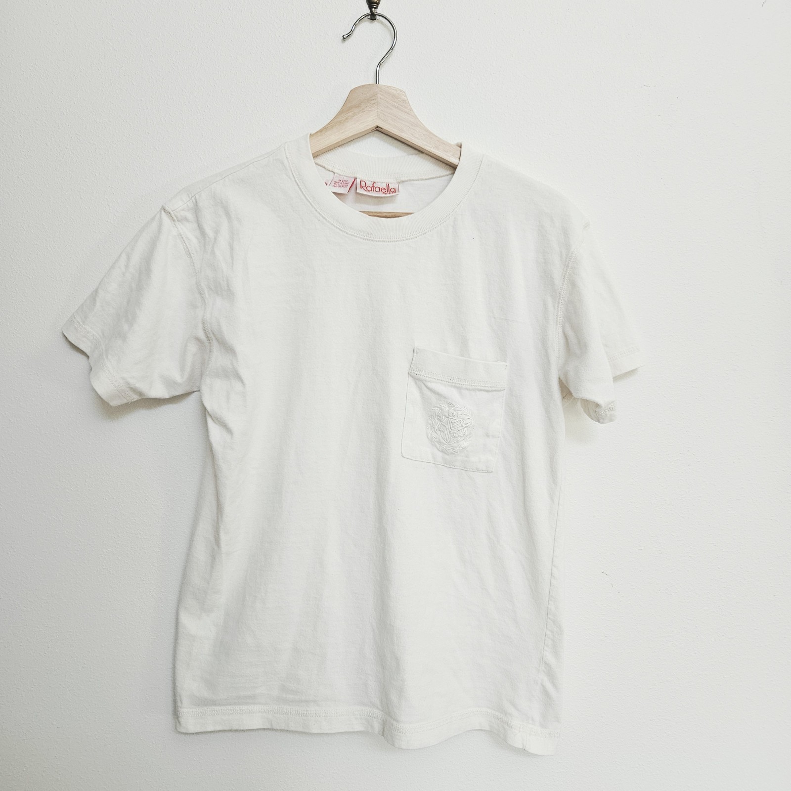 Vintage Women’s Top Embroidered Front Pocket Rafaella Size Small Beige 90s