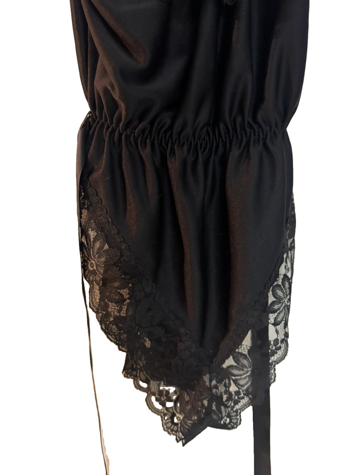 Vtg Dolores Poirette Black Satin Lace Teddy Romper Bodysuit Pull On Size M