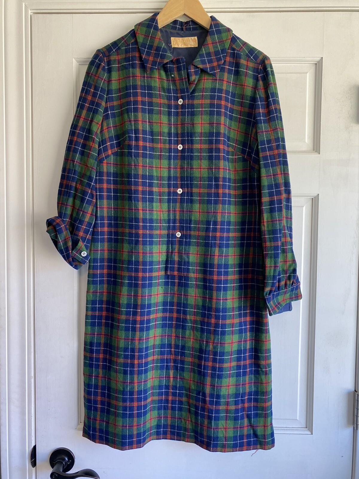 J61 Vintage Pendleton Wool Belted Dress Tartan Plaid Button Front Red Green 16