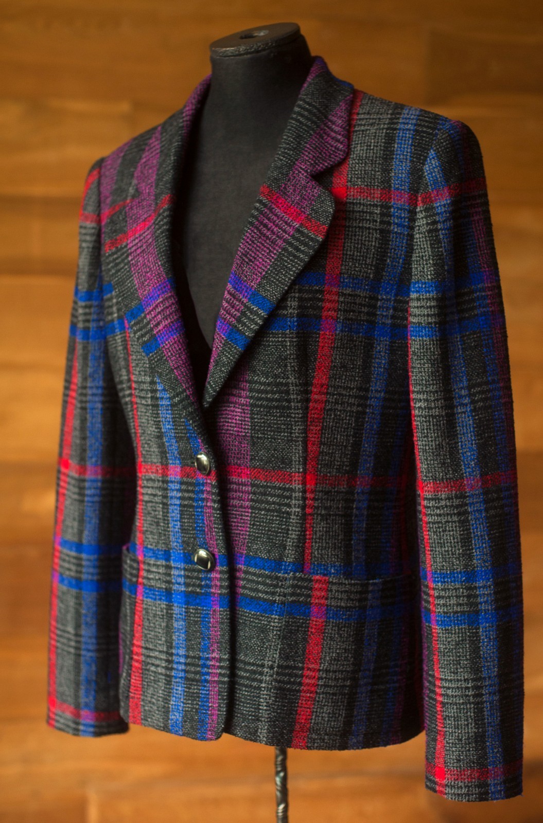 Emanuel Ungaro Collection Plaid Wool Jacket Blazer Gray Pink Blue IT 42 US 6