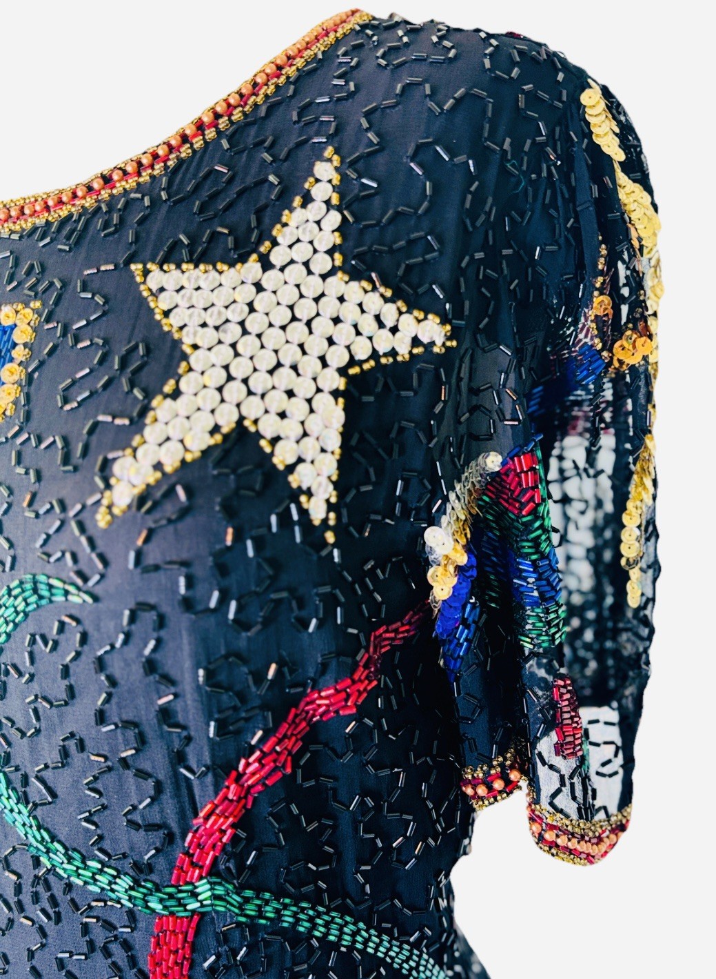 Vintage 80s Silk Heavily Hand Beaded Sequin Celestial Dress by Nadine Boutique
