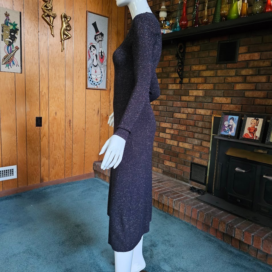 Vtg 80s Rainbow Glitter Goth Starry Night Metallic Knit Midi Party Emo Dress S