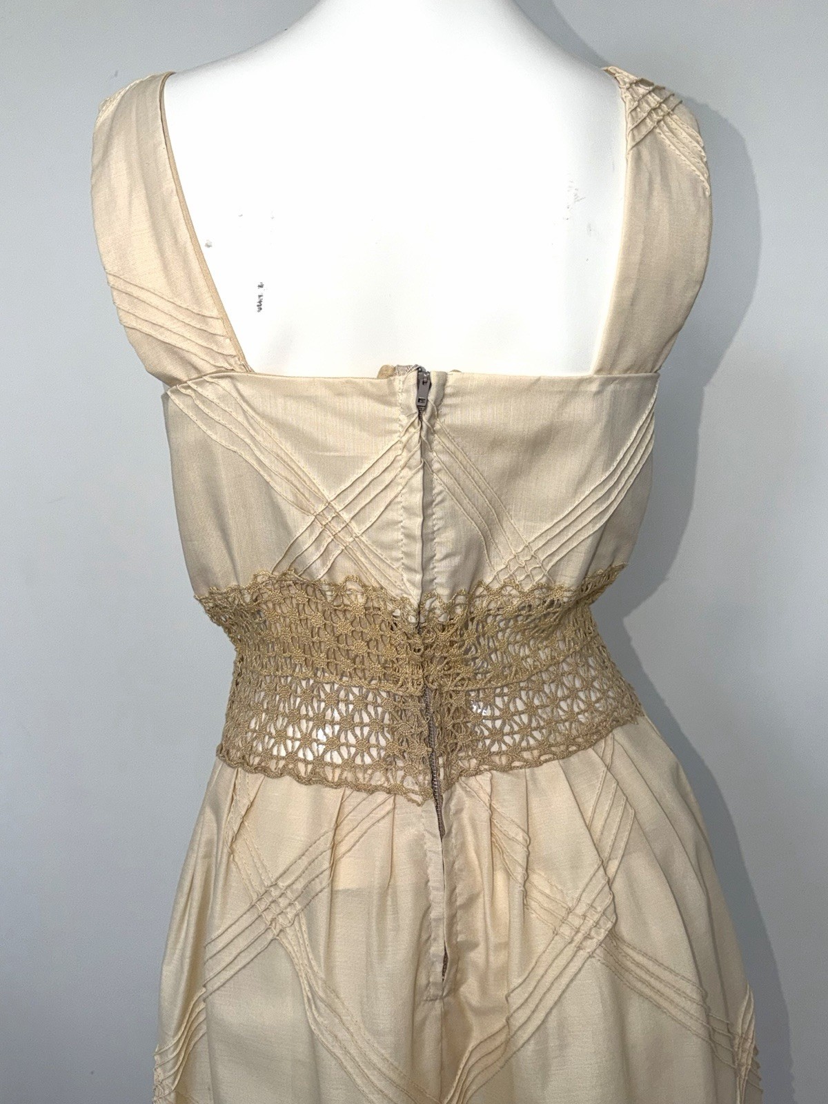 Vintage 1970s Mexican Embroidered Festival Cream Prairie Crochet DRESS