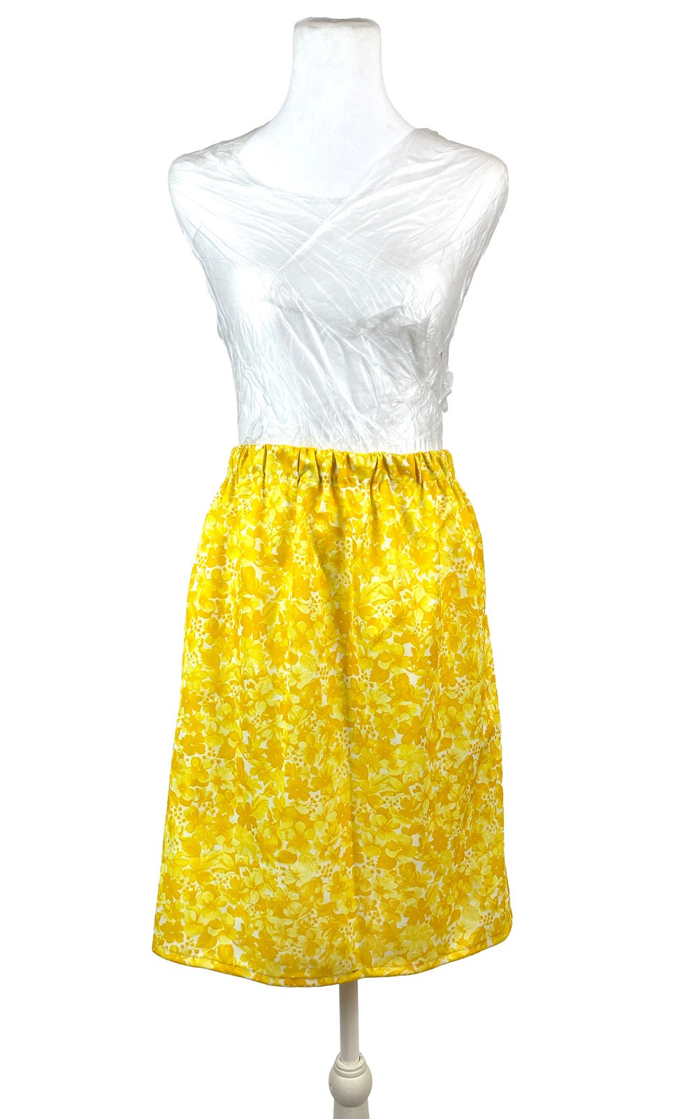 Vintage Handmade Yellow Floral Elastic Waist Midi Skirt Cottagecore 60&rsquo;s / 70s