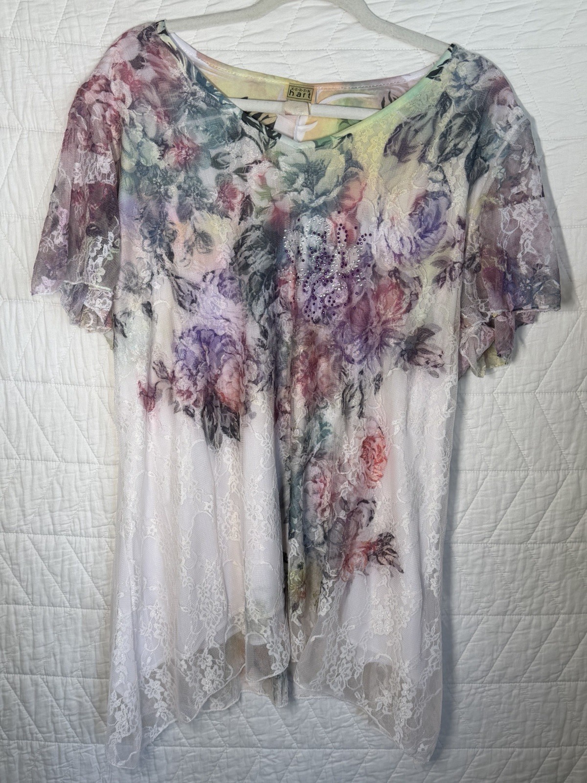 Keren Hart Top Vintage Womens 1X Pink Blue White green Sheer Stretch Lace Lined