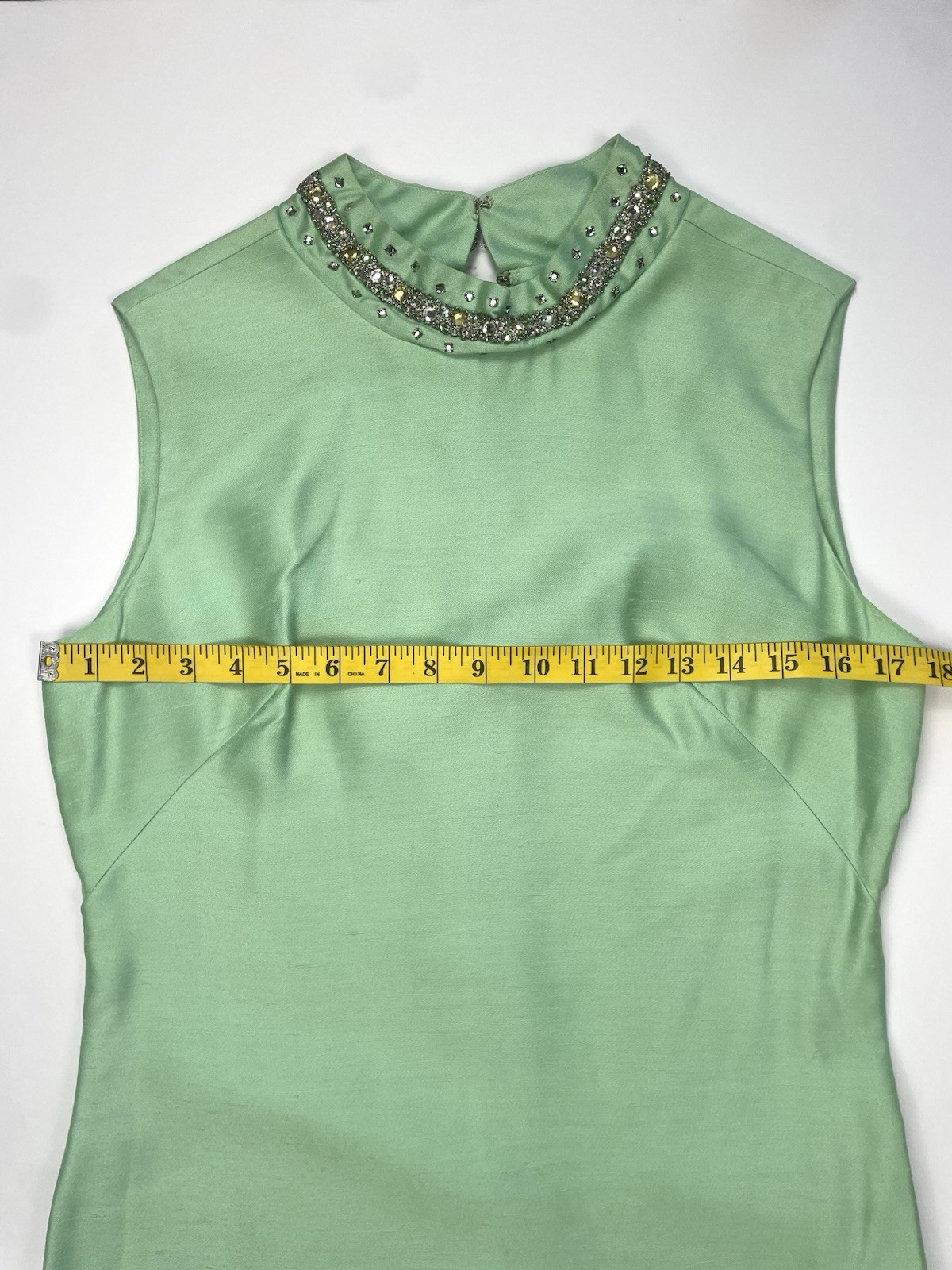 Vtg 60s Sakowitz Mint Green Dress Jacket Set Beaded Rhinestone Collar Suit Sz 12