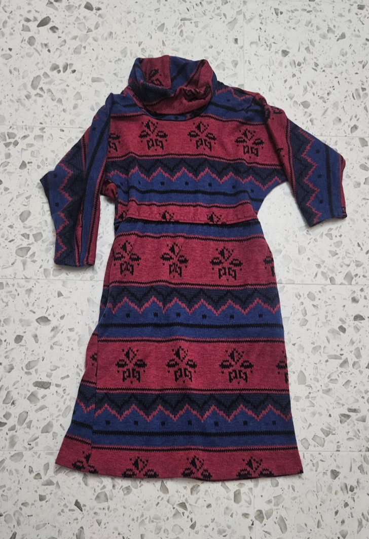 80s Stuart Alan Petites Multicolor Southwest L/S Cowl Neck Dress Sz 4