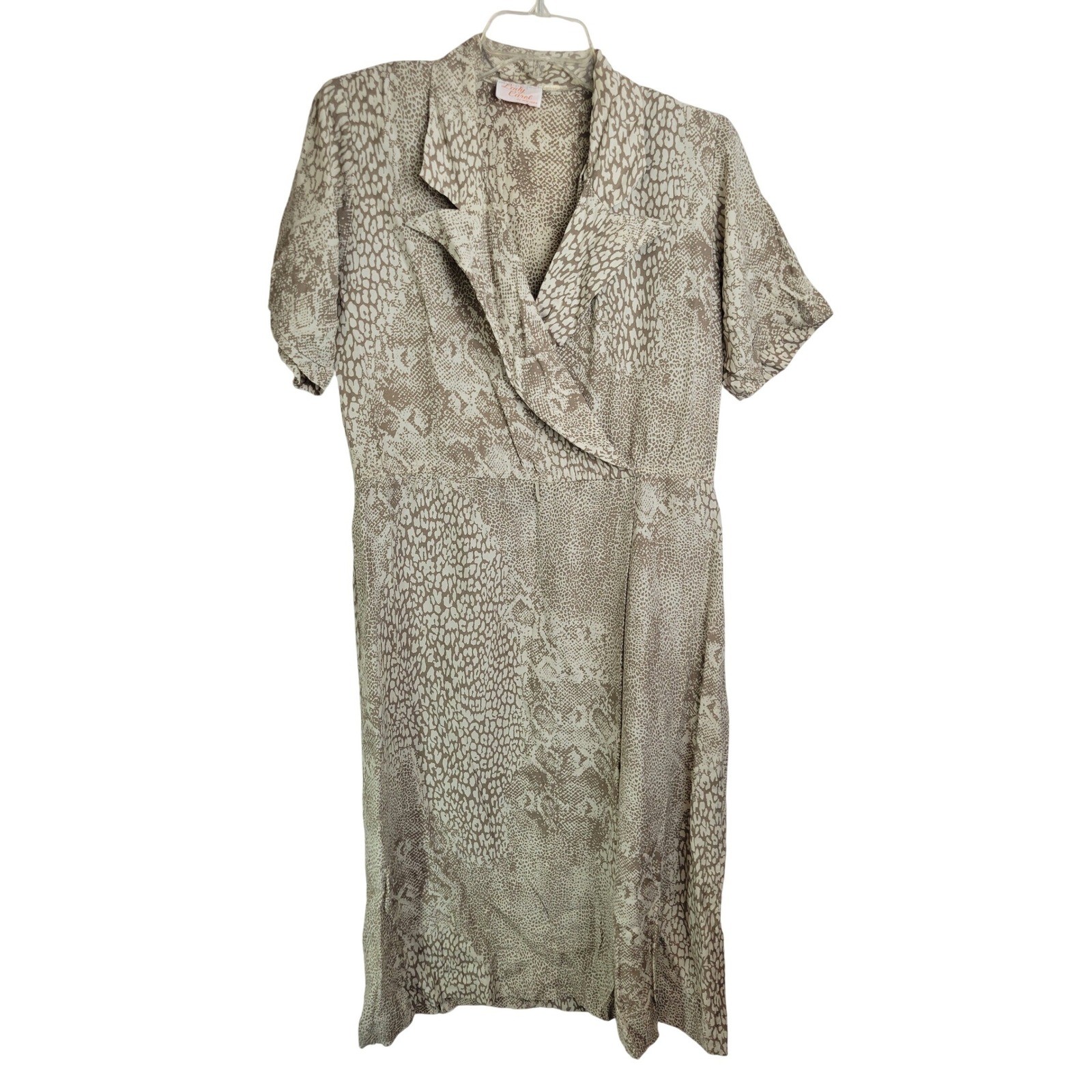 Lady Carol Dress Vtg 80s Women L/XL Tan Animal Print Union Made Polyester Retro