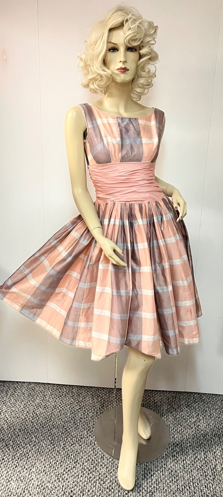 Vintage 1950 Plaid Back Zipper Cummerbund Crinoline Cocktail Party Dress Bust 33