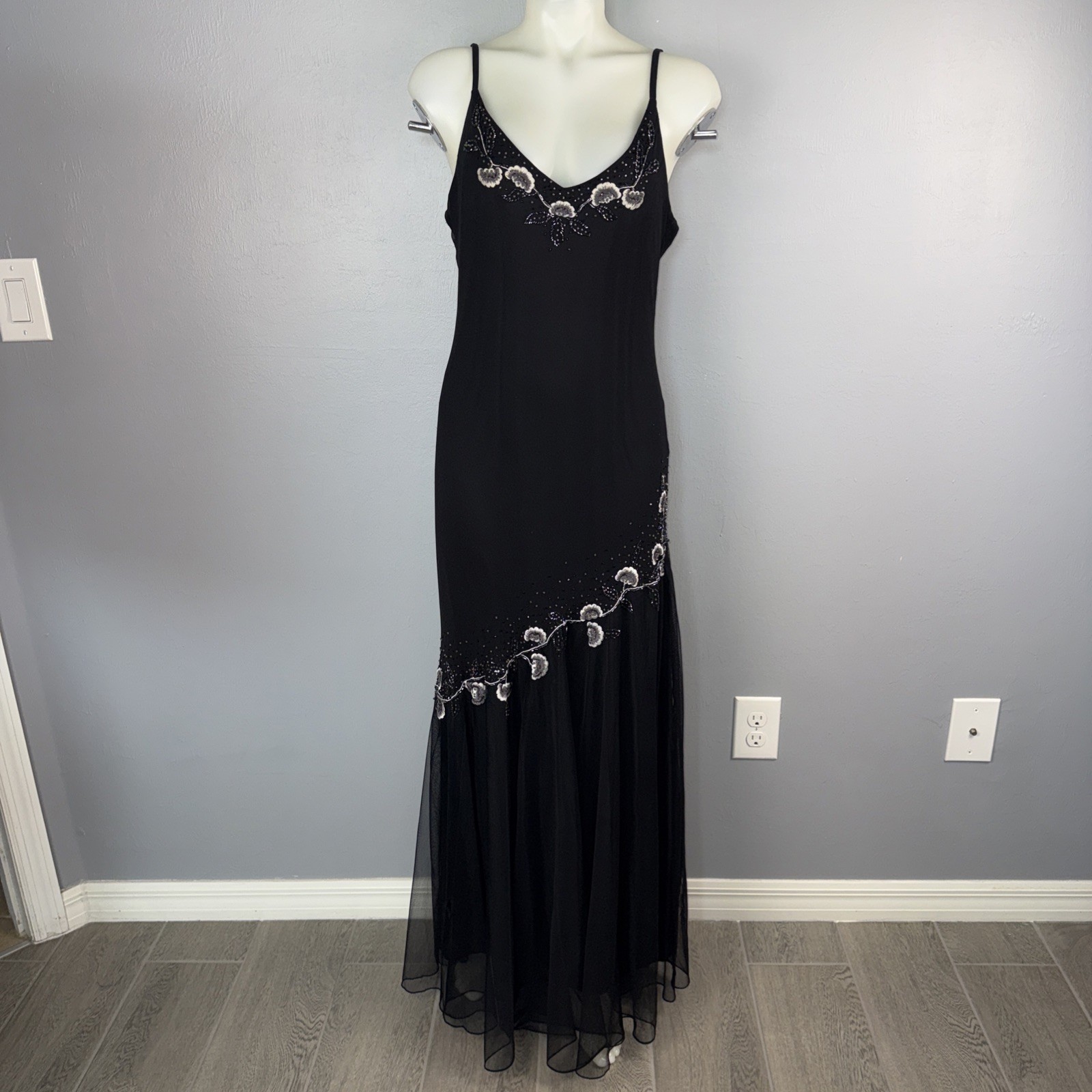 XSCAPE Silk Beaded Mermaid Prom Slip Dress Sz 14 Black Bias Cut VTG 90’s *FLAW