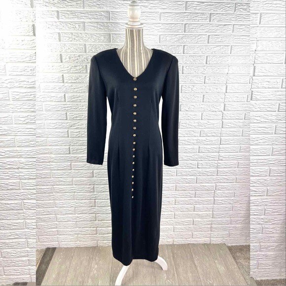 Vintage All That Jazz Black Faux Button Front Pencil Wiggle Dress Size 13/14