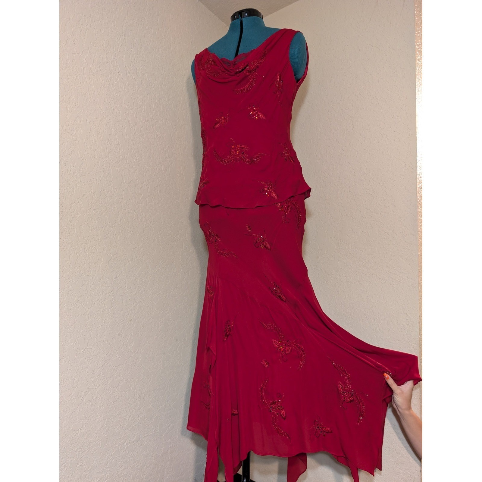 I.C.E. Vintage Rare Red 100% Silk Beaded 2 Piece Skirt Set Fairycore M