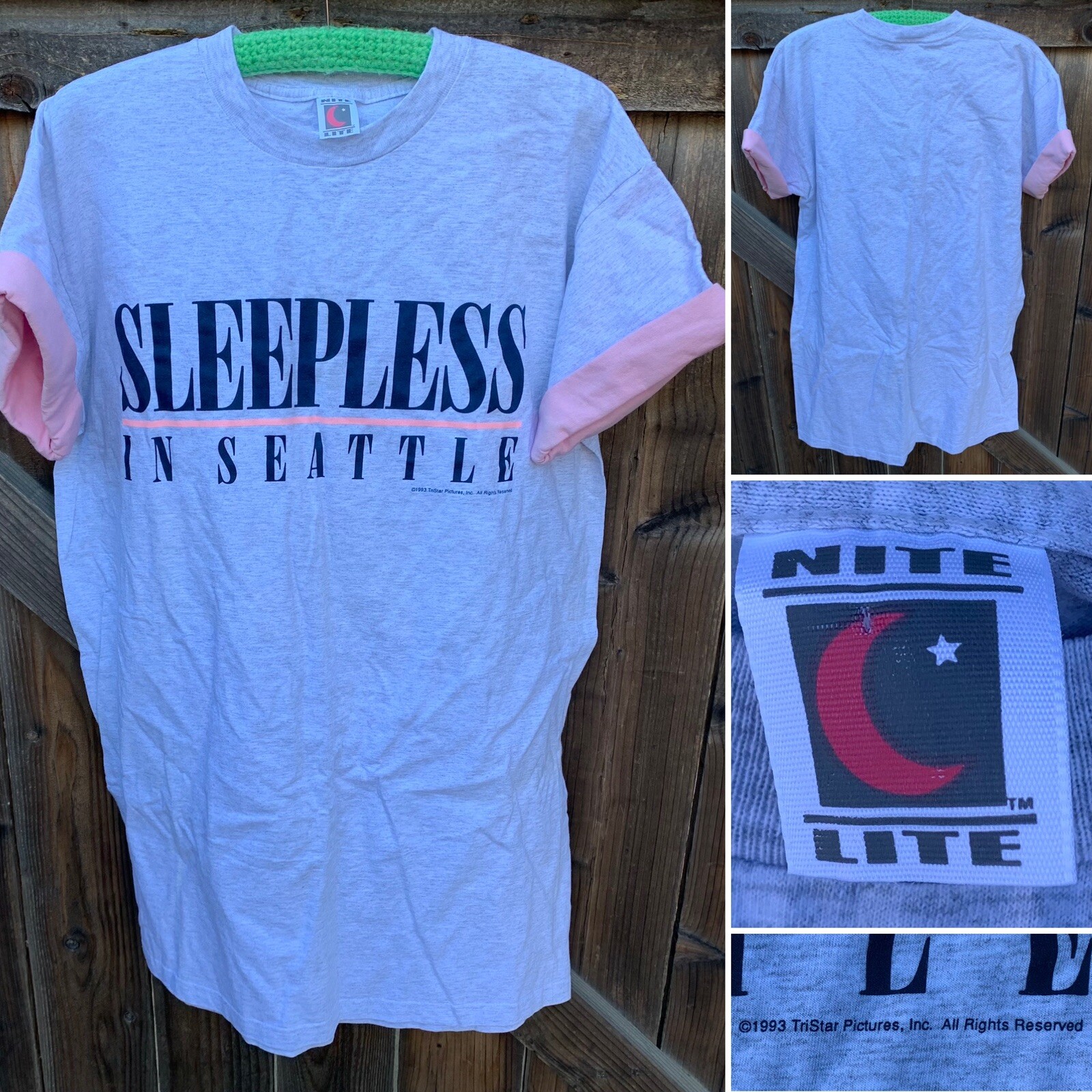 Vtg 1993 Sleepless In Seattle Tristar Movie Promo T Shirt Nite Lite Pink Cuff OS