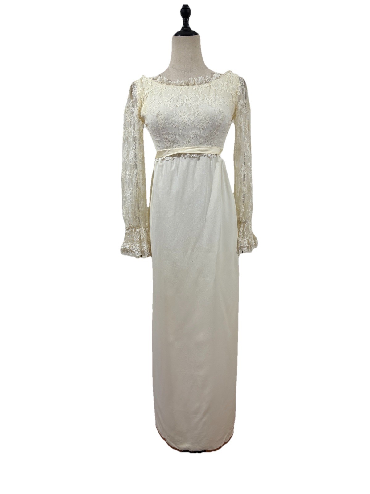 Vtg 60s Ivory Empire Wedding Dress Formal Maxi Lace Sheer Ruffle Sleeve Xs Boho