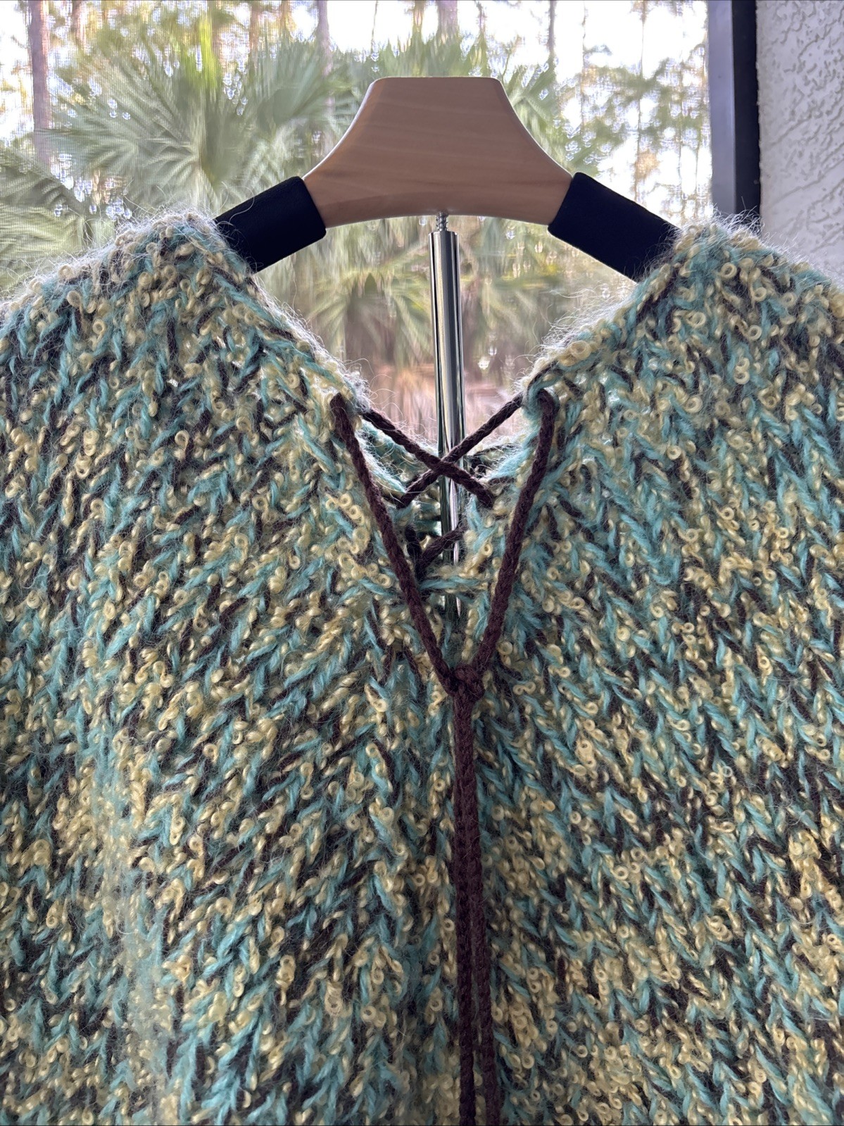 Vintage Wool Poncho Handmade W/Drawstring Opening Fringe Aqua Blue Yellow Brown