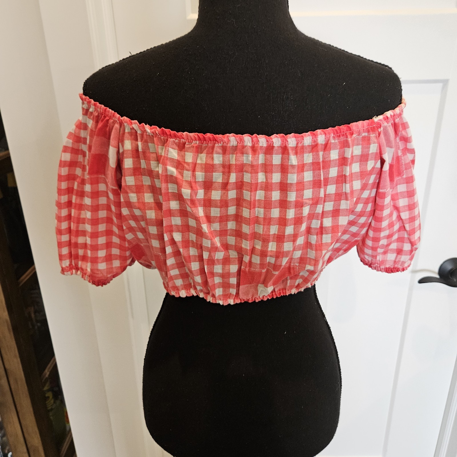 VTG 1970s Sears JR Bazaar Red/White Checker Gingham Off Shoulder Cotton Crop Top