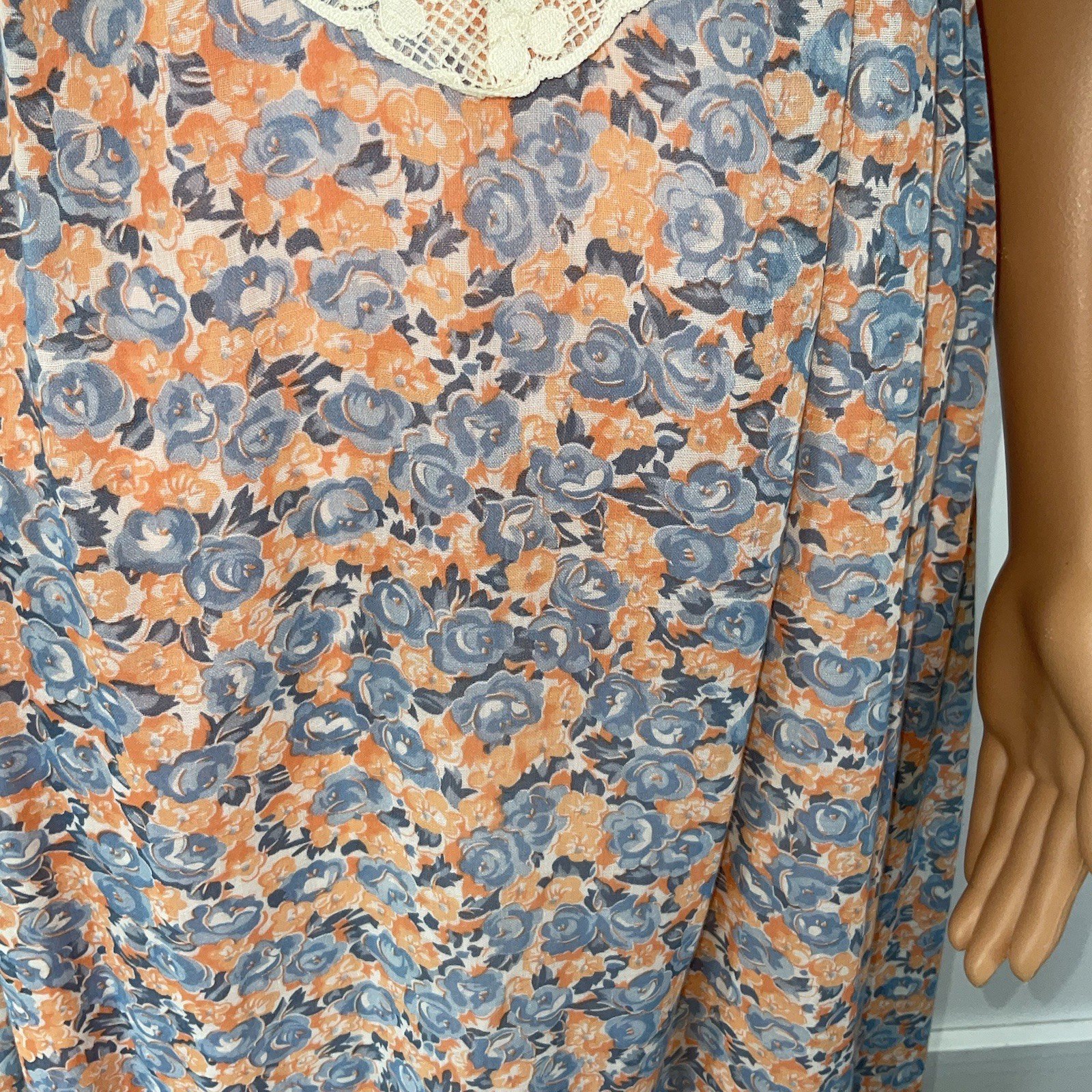 70s Praire Maxi Dress VTG Candi Jones Peach Blue Floral Lace Boho Hippie Sz 9